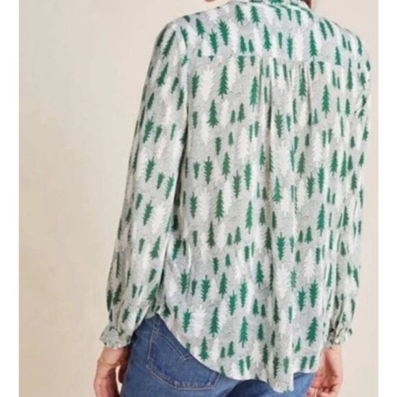 ANTHROPOLOGIE Maeve Pine Tree Blouse Boho Ruffles Xmas Graphic Preppy Fairy 4 S - Picture 3 of 8